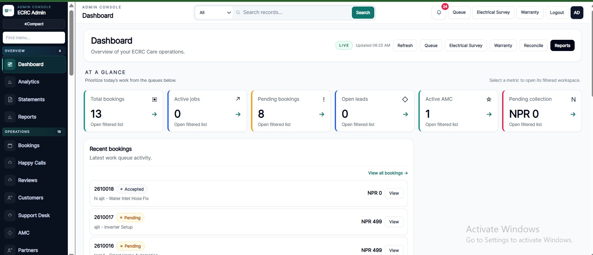ECRC home service operations dashboard showing bookings, jobs, leads, and service queues